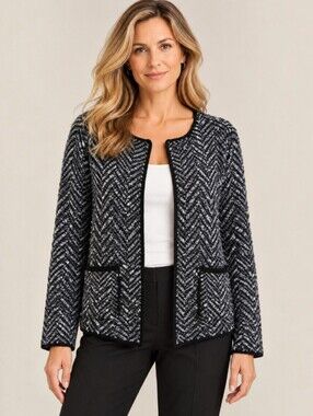 Cocogio Black Gray Textured Knit Open Front Cardigan Sweater, L Polished Refined